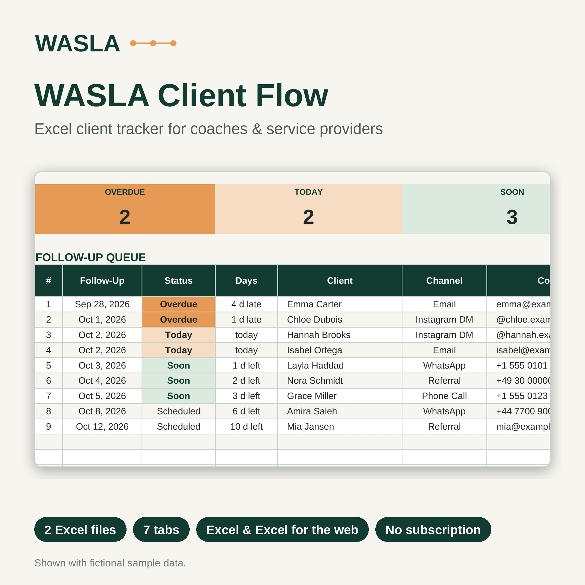 WASLA Client Flow Excel client tracker cover showing the Follow-Ups tab with overdue, today and soon statuses